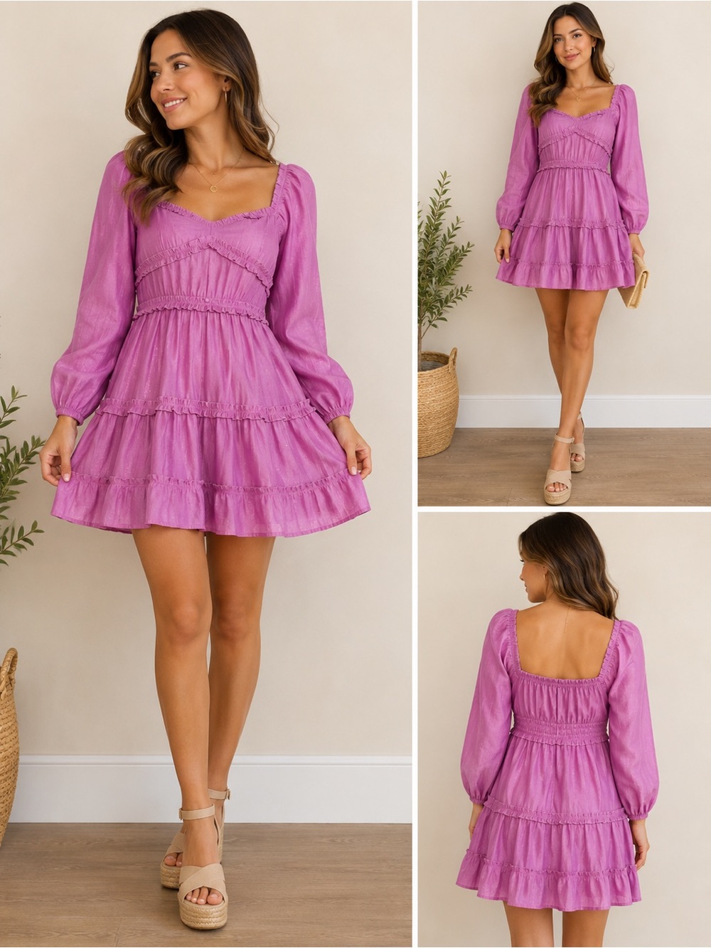Francesca’s NWT Tiered Mini Dress | Medium | Lilac Puff Sleeve Ruffle Dress